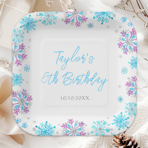 Purple and Blue Snowflakes Birthday Party Paper Plate