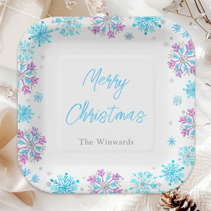 Purple and Blue Snowflakes Christmas Party Paper Plate