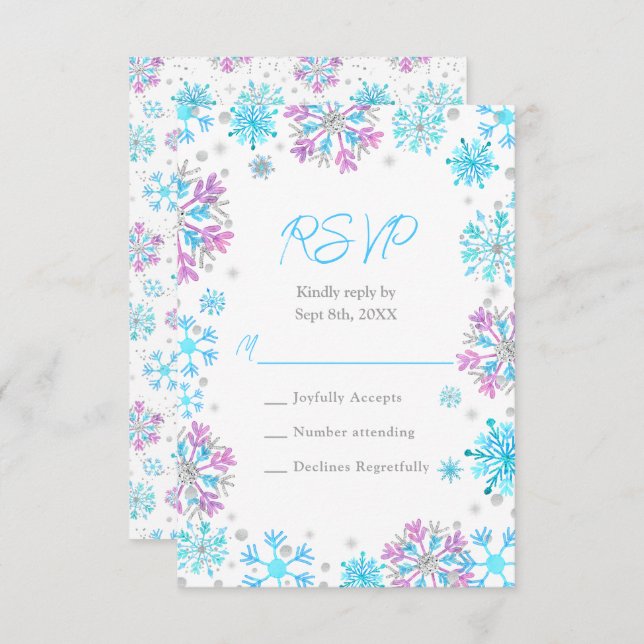 Purple and Blue Snowflakes Wedding RSVP Card (Front/Back)