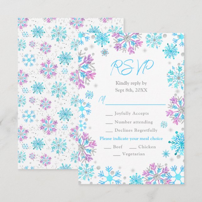 Purple and Blue Snowflakes Winter Meal Choice RSVP Card (Front/Back)