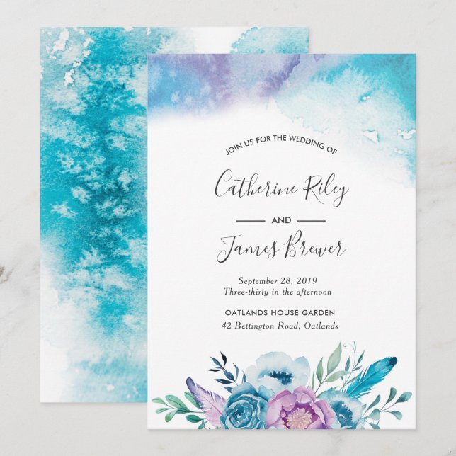 Purple and blue spring floral Wedding invitation (Front/Back)