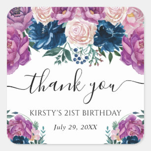 Purple and Blue Summer Flower Birthday Square Sticker