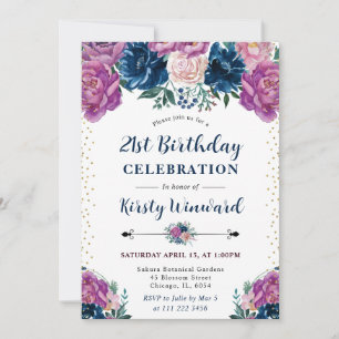 Purple and Blue Summer Flowers 21st Birthday Invitation