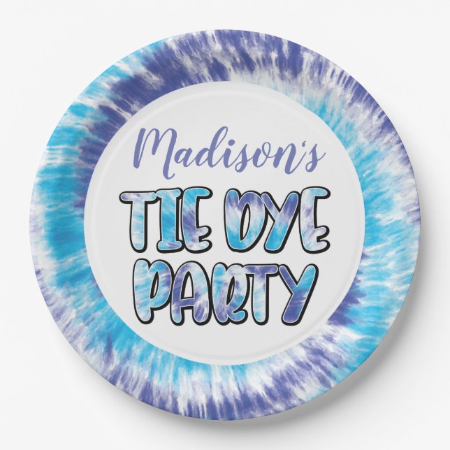 Purple and Blue Tie Dye Happy Birthday, Any Age Paper Plate (Front)