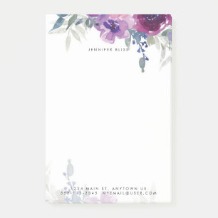 Purple and blue watercolor floral personalized post-it notes