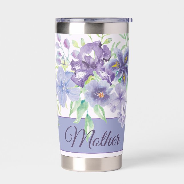 Purple and blue watercolor irises customizable  insulated tumbler (Left)