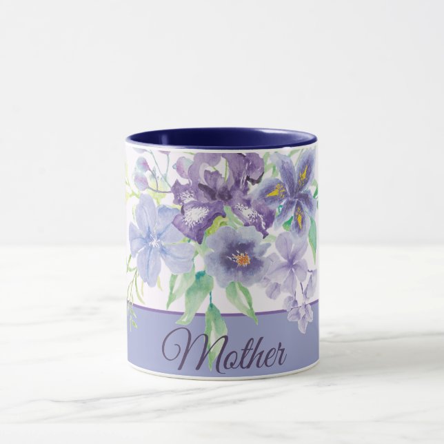 Purple and blue watercolor irises customizable  mug (Center)