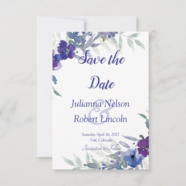 Purple and blue watercolor save the date invitatio invitation (Front)