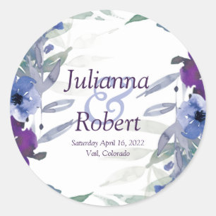 Purple and blue watercolor wedding classic round sticker