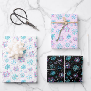 Purple and Blue Winter Snowflakes Pattern Wrapping Paper Sheet