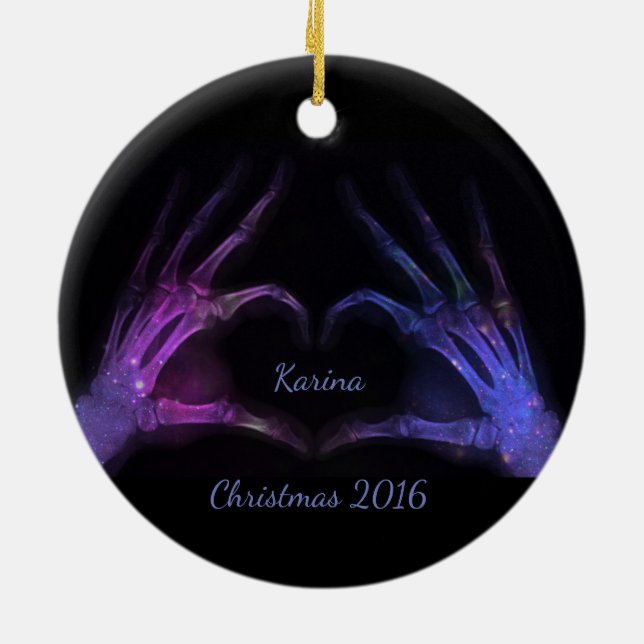Purple and Blue Xray Fingers form heart Ceramic Ornament (Back)