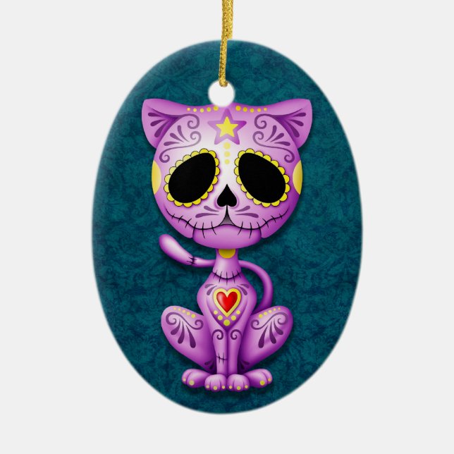 Purple and Blue Zombie Sugar Kitten Ceramic Ornament (Front)