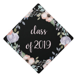 Purple and Blush Floral on Black   Class of 2019 Graduation Cap Topper