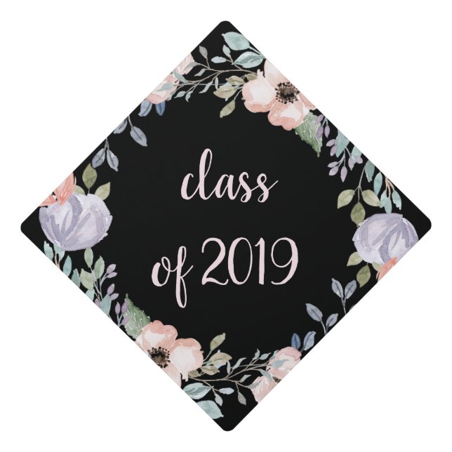 Purple and Blush Floral on Black | Class of 2019 Graduation Cap Topper (Front)