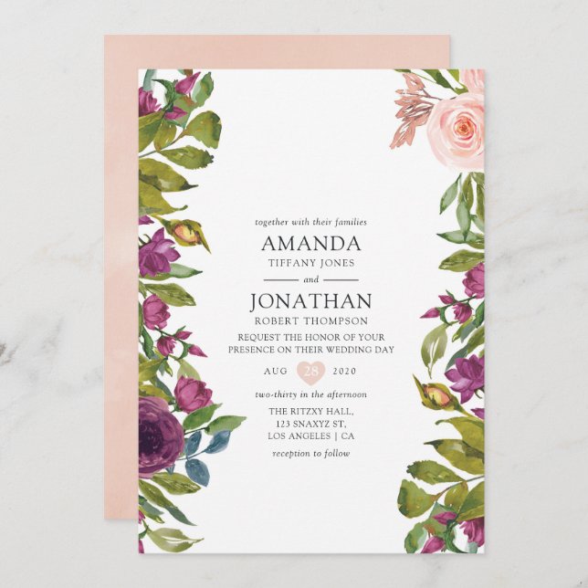 Purple and Blush Floral Wedding Invitation (Front/Back)