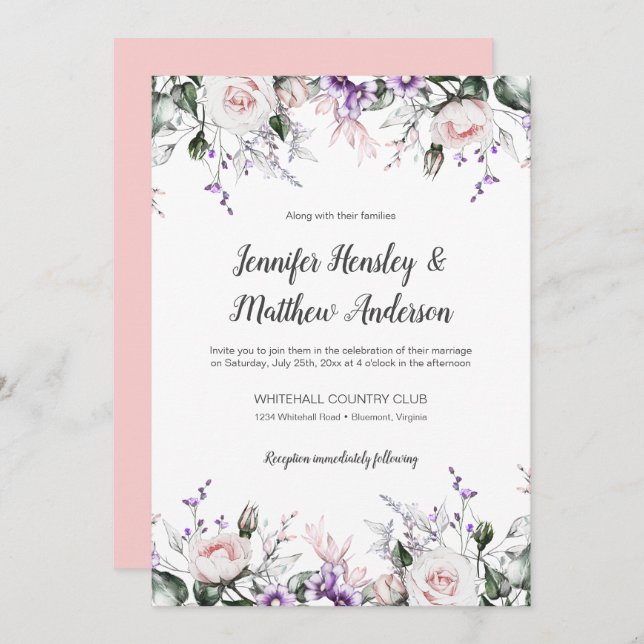 Purple and Blush Watercolor Floral Drop Wedding | Invitation (Front/Back)
