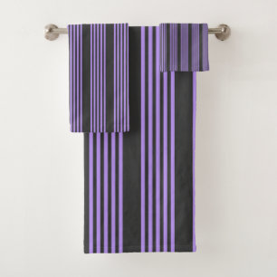 Purple and charcoal five stripe pattern bath towel set