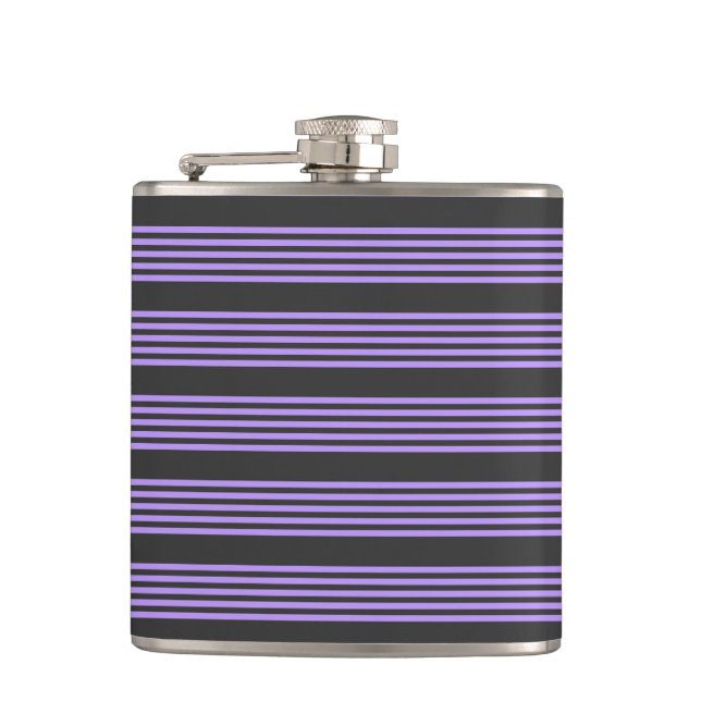 Purple and charcoal five stripe pattern hip flask (Front)