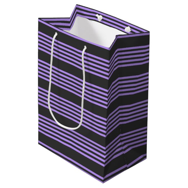 Purple and charcoal five stripe pattern medium gift bag (Front Angled)
