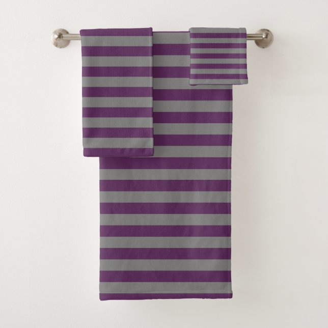 Purple and Charcoal Grey Stripes Bath Towel Set (Insitu)