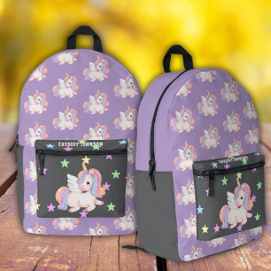 Purple and charcoal rainbow unicorn name  printed backpack