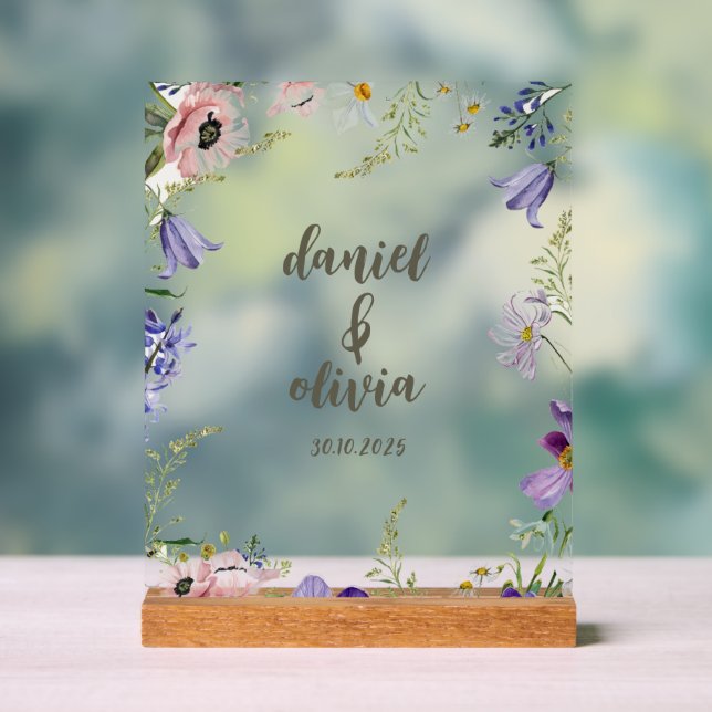 Purple and Cream Floral Bordered Wedding Acrylic Sign (Neutral)