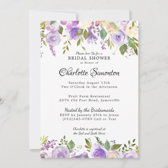 Purple and Cream Floral Bridal Shower Invitation (Front)