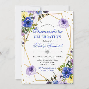 Purple and Cream Flowers and Frame Quinceanera Invitation
