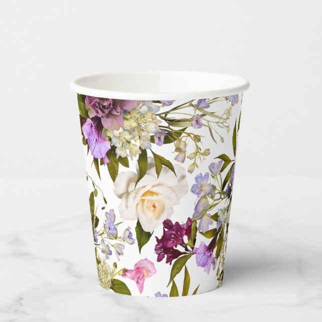 Purple and Cream Flowers Paper Party Cups (Left)