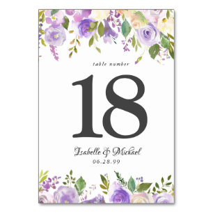 Purple and Cream Rose Floral Table Number Cards