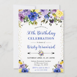 Purple and Cream Summer Flowers 50th Birthday Invitation