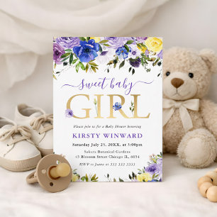 Purple and Cream Summer Flowers Baby Shower Invitation