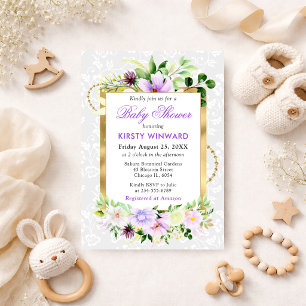 Purple and Cream Summer Flowers Gold Baby Shower Invitation