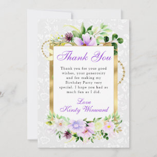 Purple and Cream Summer Flowers Gold Birthday Thank You Card
