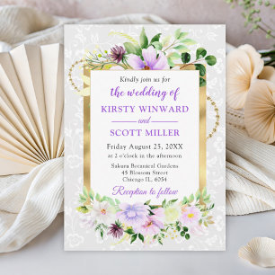 Purple and Cream Summer Flowers Gold Foil Wedding Invitation