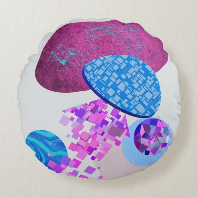 Purple And Cyan Modern Shapes Round Pillow (Front)