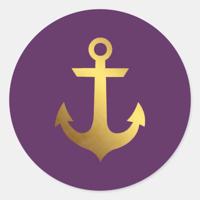 Purple and Faux Gold Foil Anchor Classic Round Sticker (Front)
