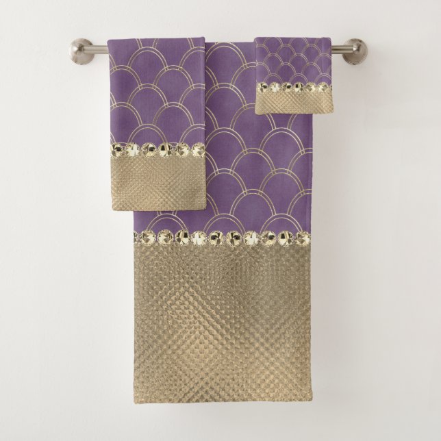 Purple and Faux Gold Foil Glam Bath Towel Set (Insitu)