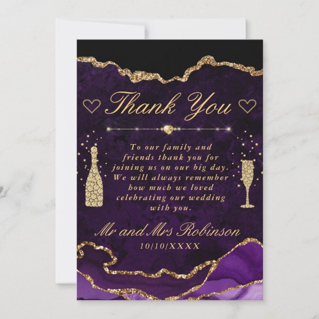 Purple and Faux Gold Glitter Agate Wedding Thank You Card (Front)