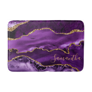 Purple and Faux Gold Glitter Marble Agate Bath Mat