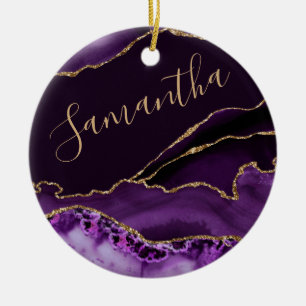 Purple and Faux Gold Glitter Marble Agate Ceramic Ornament