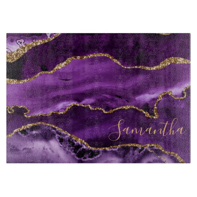 Purple and Faux Gold Glitter Marble Agate Cutting Board (Front)