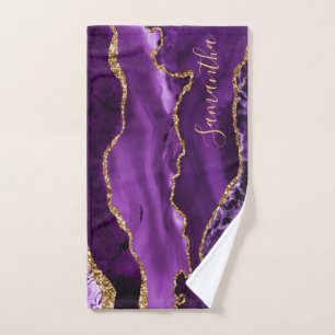 Purple and Faux Gold Glitter Marble Agate Hand Towel