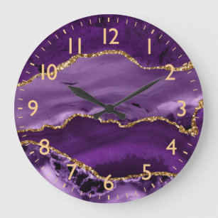 Purple and Faux Gold Glitter Marble Agate Large Clock