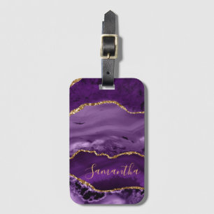 Purple and Faux Gold Glitter Marble Agate Luggage Tag