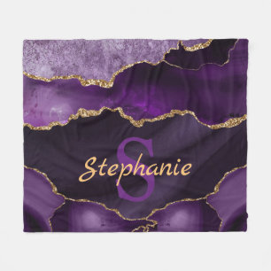 Purple and Faux Gold Glitter Marble Agate Monogram Fleece Blanket