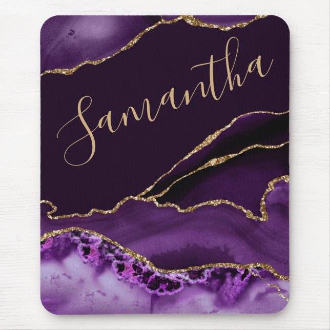 Purple and Faux Gold Glitter Marble Agate Mouse Pad (Front)