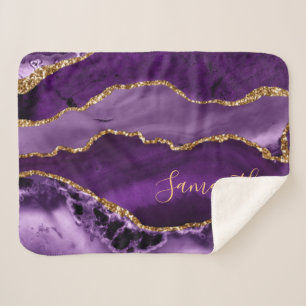 Purple and Faux Gold Glitter Marble Agate Sherpa Blanket