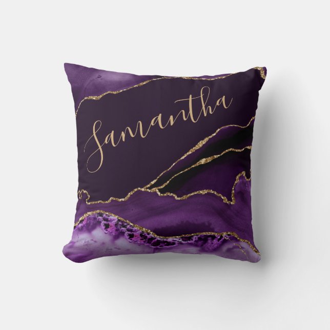 Purple and Faux Gold Glitter Marble Agate Throw Pillow (Front)