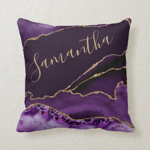 Purple and Faux Gold Glitter Marble Agate Throw Pillow